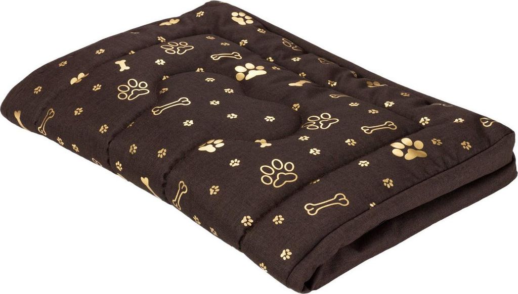 A brown dog bed with a pattern of gold paw prints and bones, lying on a white background.