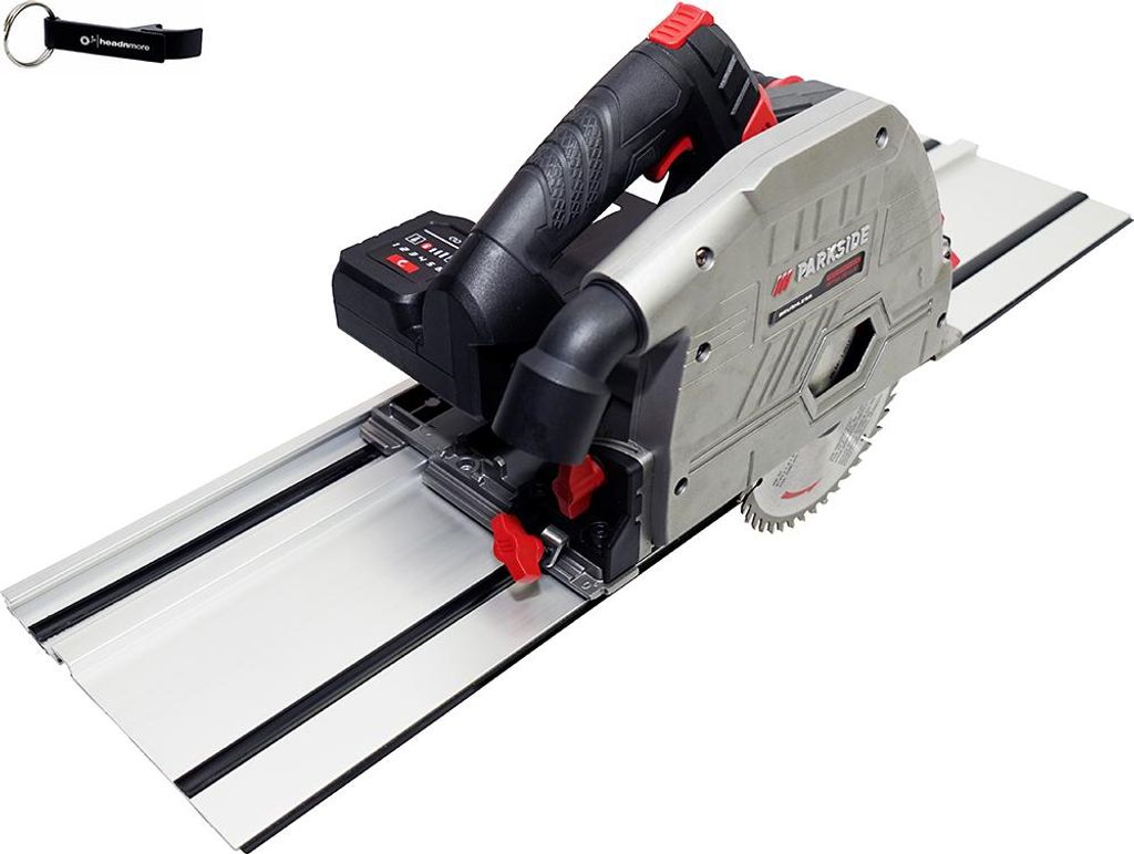 A cordless plunge saw and track guide are shown on a white background.