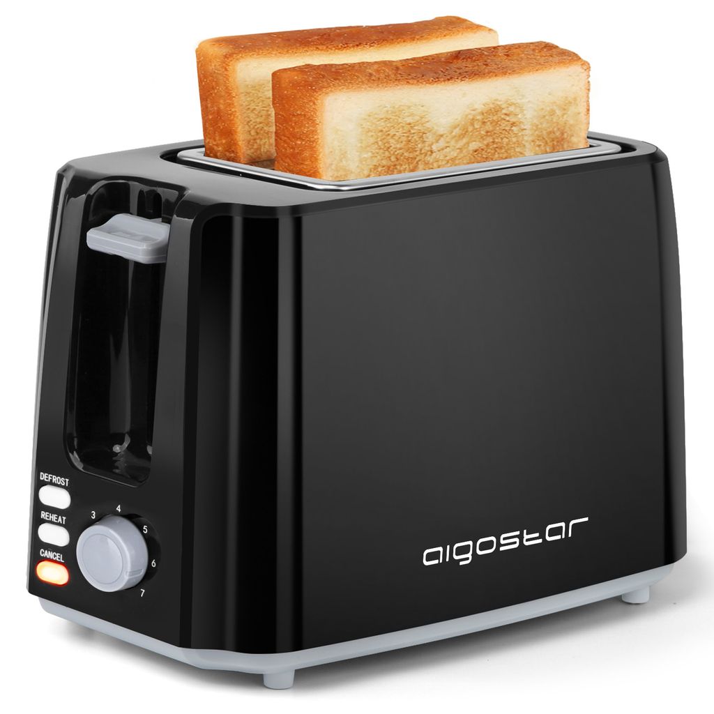 A black Aigostar toaster with two slices of toast in it, shown on a white background.