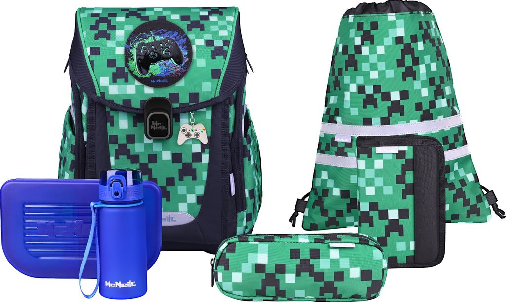 A collection of school supplies with a pixelated green and black design, including a backpack, drawstring bag, pencil case, lunch box, and water bottle.