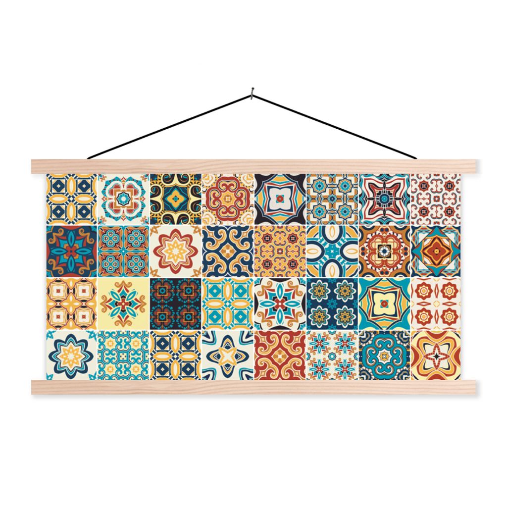 MuchoWow Textilposter Blumen - Vintage - Muster - Blau - Orange 120x60 cm mit holzfarbenen Rahmen - Klemmleiste