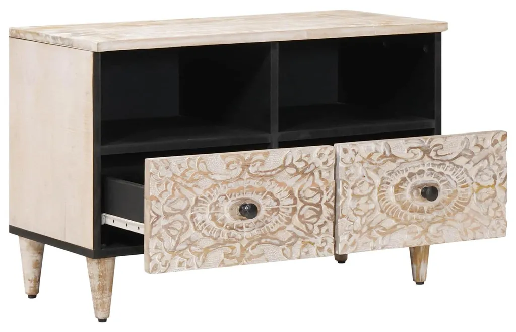 Meuble TV blanc en bois de manguier massif vidaXL - Design Compact