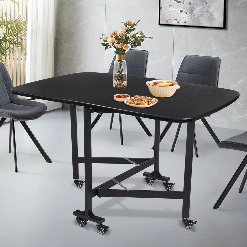 Klappbarer Esstisch - Küchentisch auf Rollen - 6 Rollen mit Bremsen - Fahrbar - Platzsparend - Mehrzweck - Moderner Stil - Schwarz