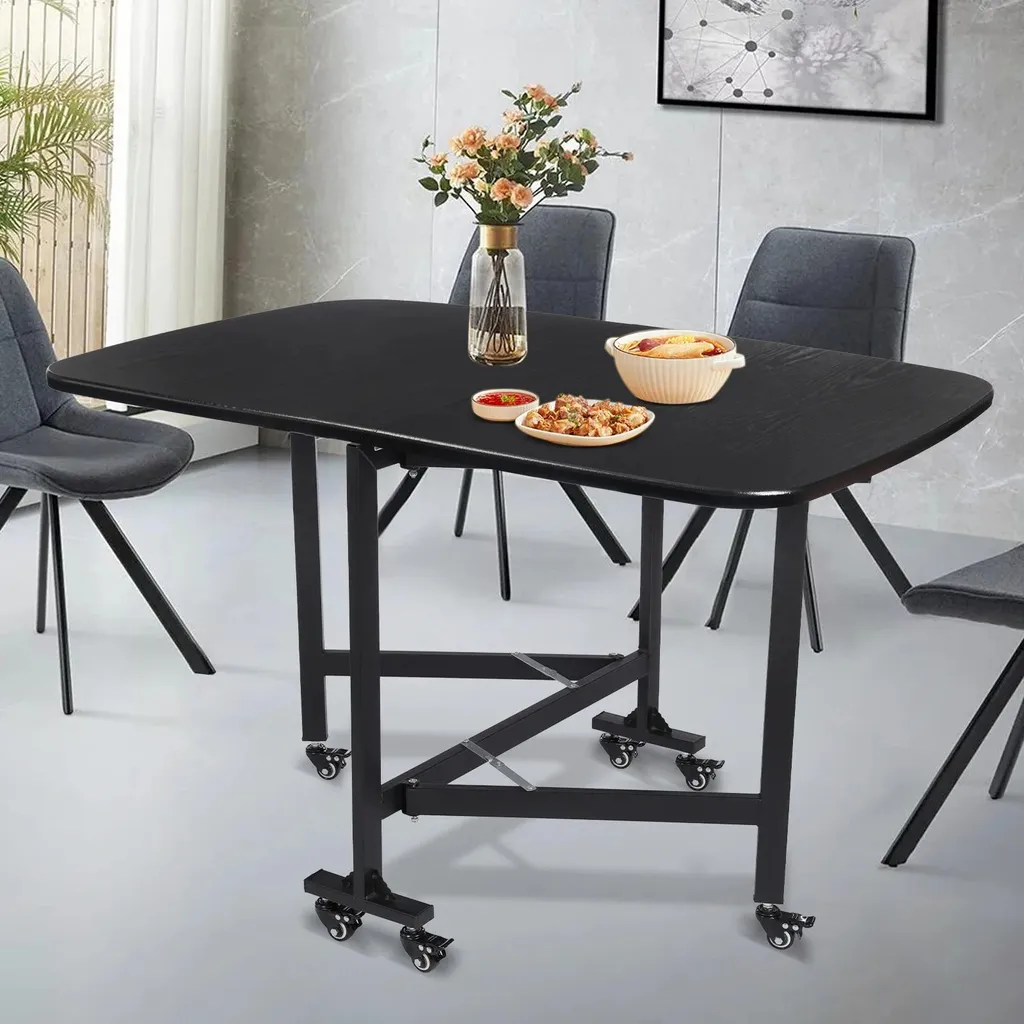 Table de cuisine sur roulettes pliable mobile style moderne noir mat