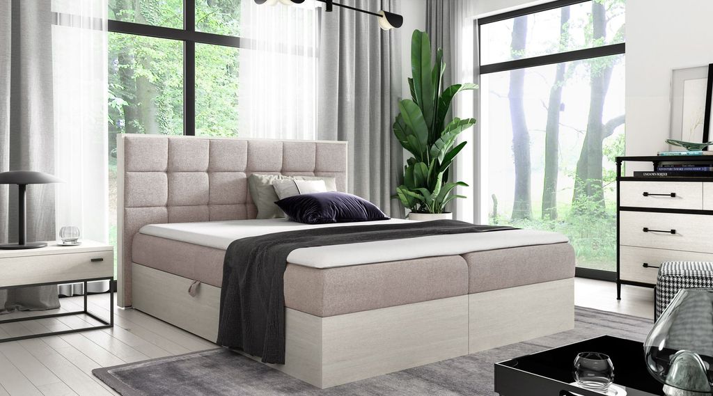 Kontinentales Bett 120x200 CHANTELLE 1 - nordisches Teakholz / Beige + GRATIS Matratzenauflage