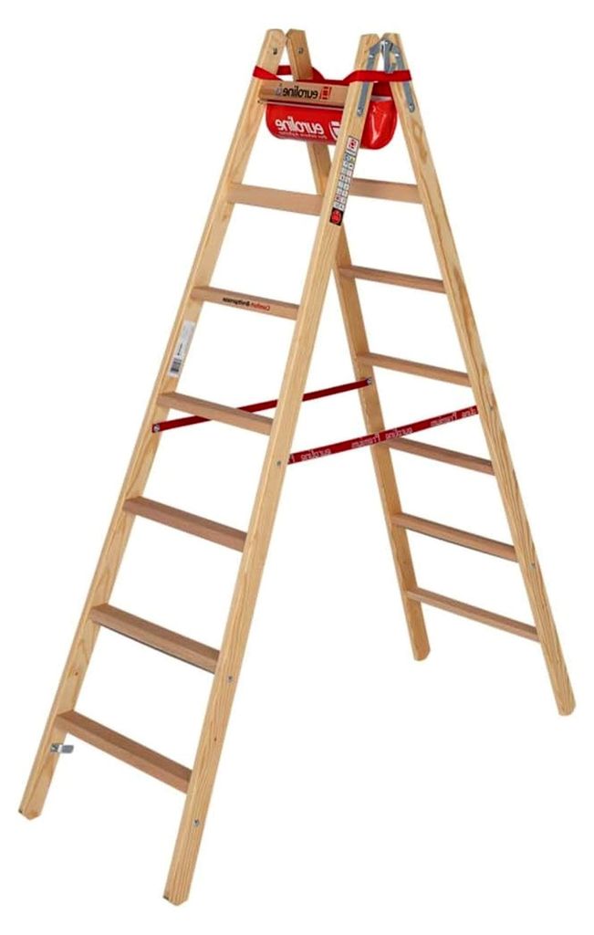 Der sichere Aufstieg Sprossenstehleiter, jeweils 7 Sprossen mit Eimerhaken und Ablagetasche, Holz, Rot