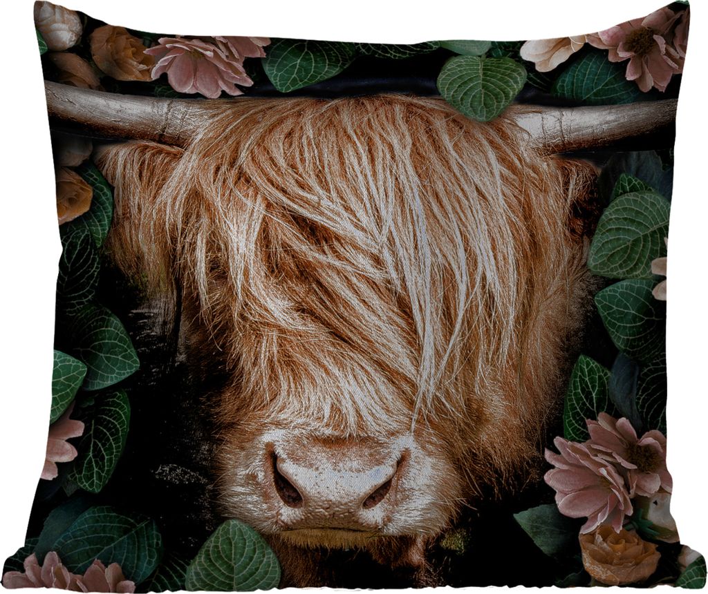 MuchoWow Outdoor Kissen - Schottisches Hochlandrind - Blumen - Kuh - 40x40 cm - Wetterfest - Lounge Kissen - Kopfkissen - Interieur - Polster mit...