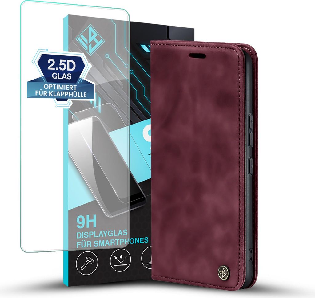 Handy Hülle für Sony Xperia 10 VII mit 9H Displayglas Klapphülle Bookcase Flip Cover Handy Tasche Etui Farbe: Weinrot