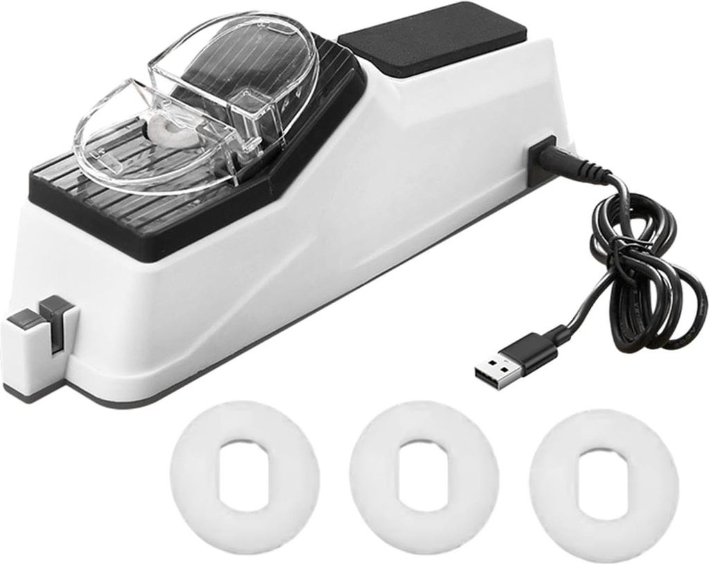 A white and black electric soldering iron with a clear protective cover and a USB charging cable is shown on a white background. Three white circular accessories are placed in front of the soldering iron.
