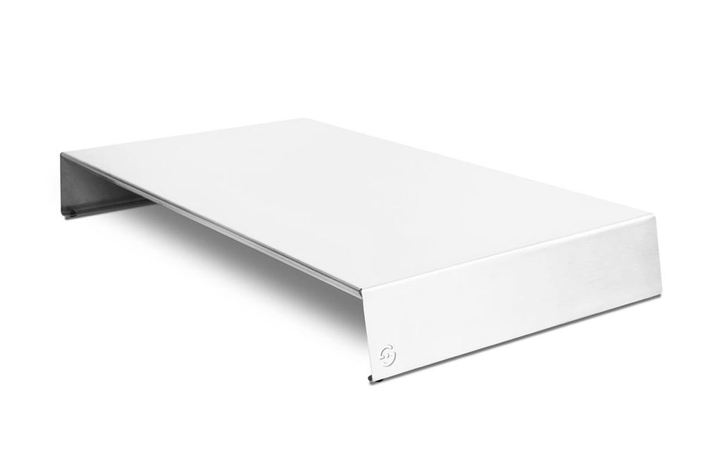 A white metal monitor stand is shown against a white background.