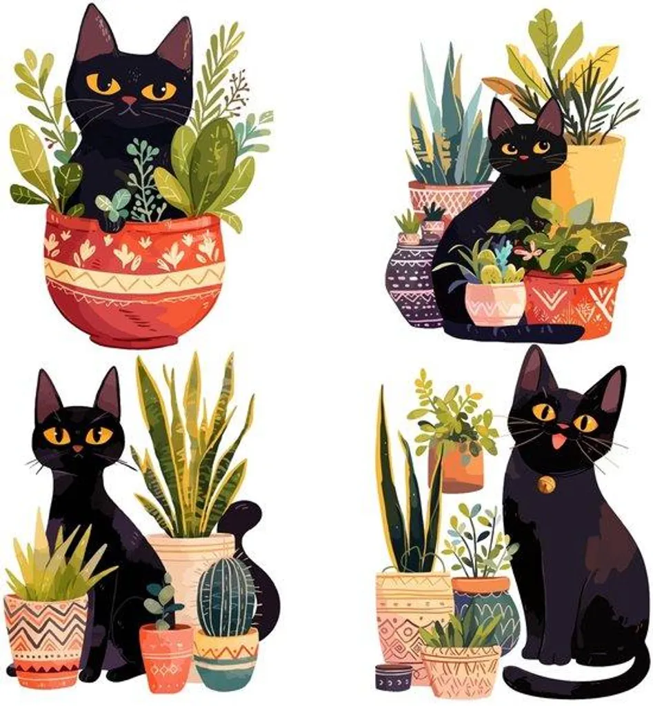 Décoration de Fenêtre Printemps Chat et Plantes pour Portes Vitrées
