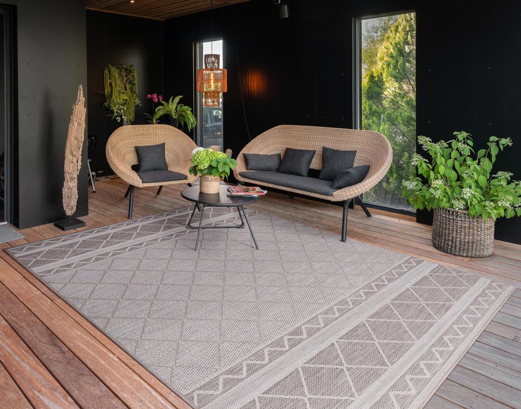 Outdoor Teppich Flachgewebe modern Boho Ethno wetterfest Außenbereich Grösse 133x190 cm