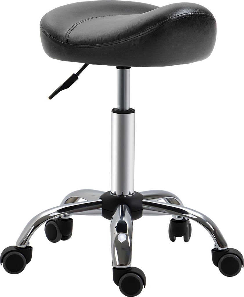HOMCOM Rollhocker Höhenverstellbarer Arbeitshocker mit Rädern Drehbarer Salon Hocker für Massage Kunstleder Schwarz 48 x 48 x 54-69 cm