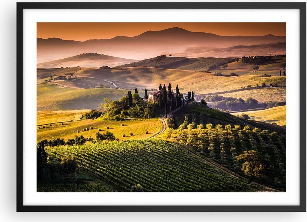 Gerahmtes Poster - Schwarzer Rahmen - Landwirtschaft Bauernhof Toskana Weinberg - 70x50 cm - Wand Bild - Wanddeko - Wandbilder - Wandposter - Bilde...