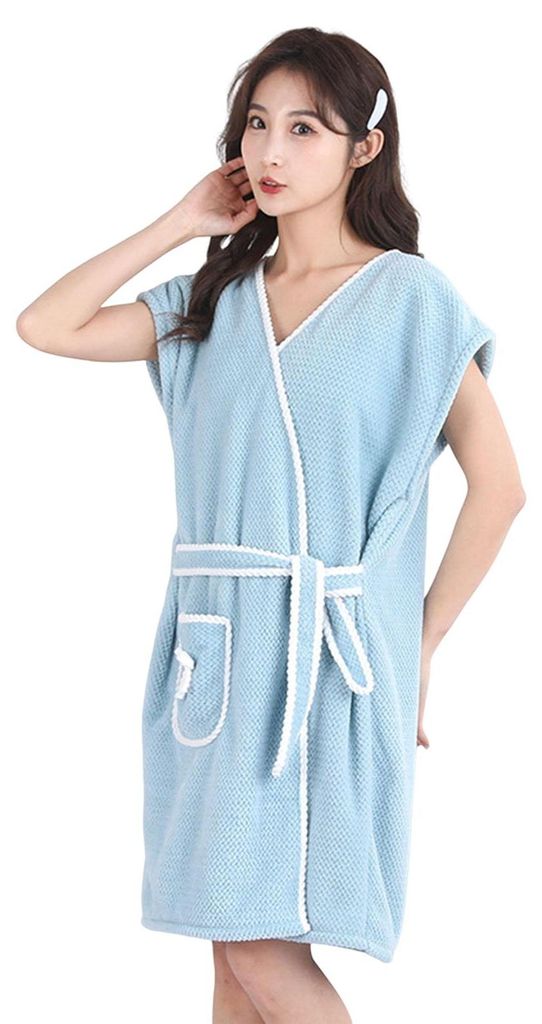 Damen-Bademantel aus Korallenfleece mit Tasche, wasserabsorbierend, atmungsaktiv, knielang, weicher Plüsch, ärmellos, mit Gürtel, Bademantelklei...