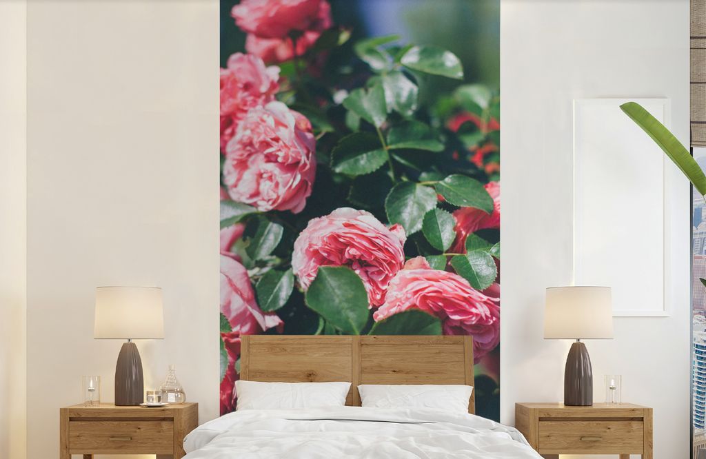 MuchoWow Fototapete für Wohnzimmer oder Schlafzimmer Wandtapete Vinyl Motivtapete Schöne rosa Rose im Sommergarten - 120x240 cm - Hintergrundbild