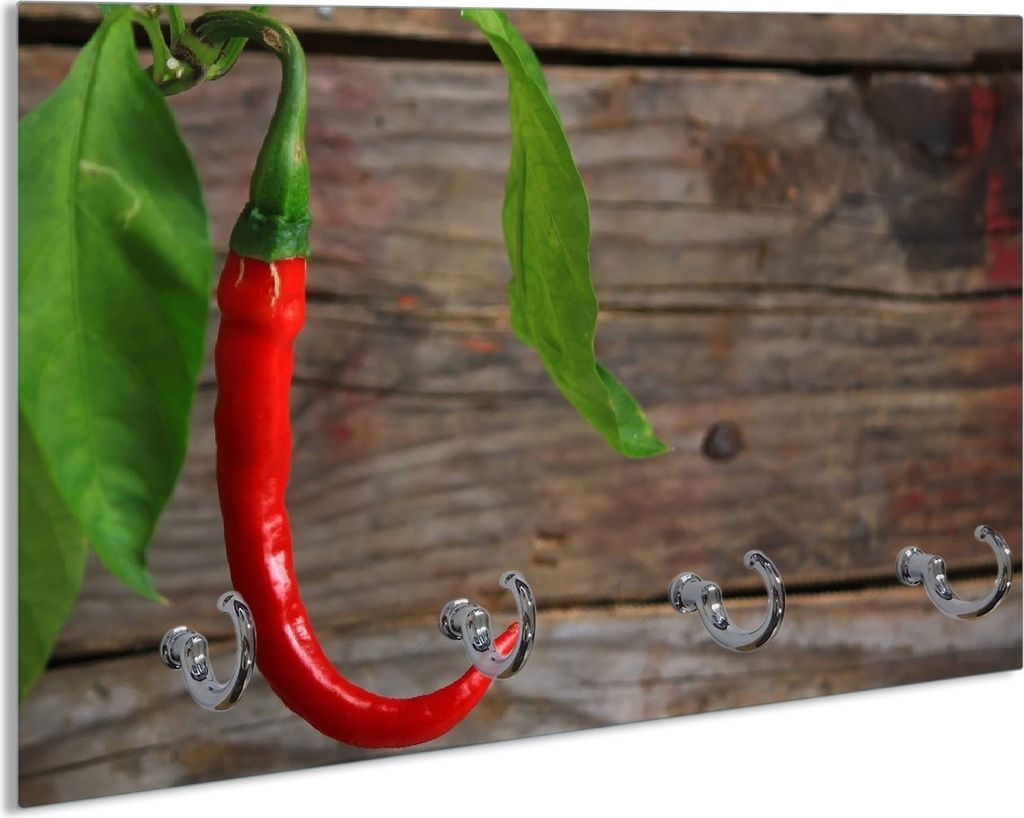 Wallario Schlüsselbrett aus Glas, Motiv: Hängende Chili-Schote, 30 x 20 cm mit 4 Haken