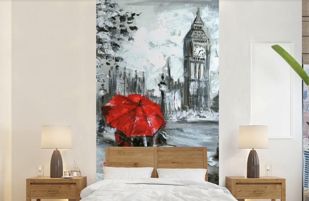 MuchoWow Fototapete für Wohnzimmer oder Schlafzimmer Wandtapete Vinyl Motivtapete Gemälde - Regenschirm - Öl - 120x240 cm - Hintergrundbild