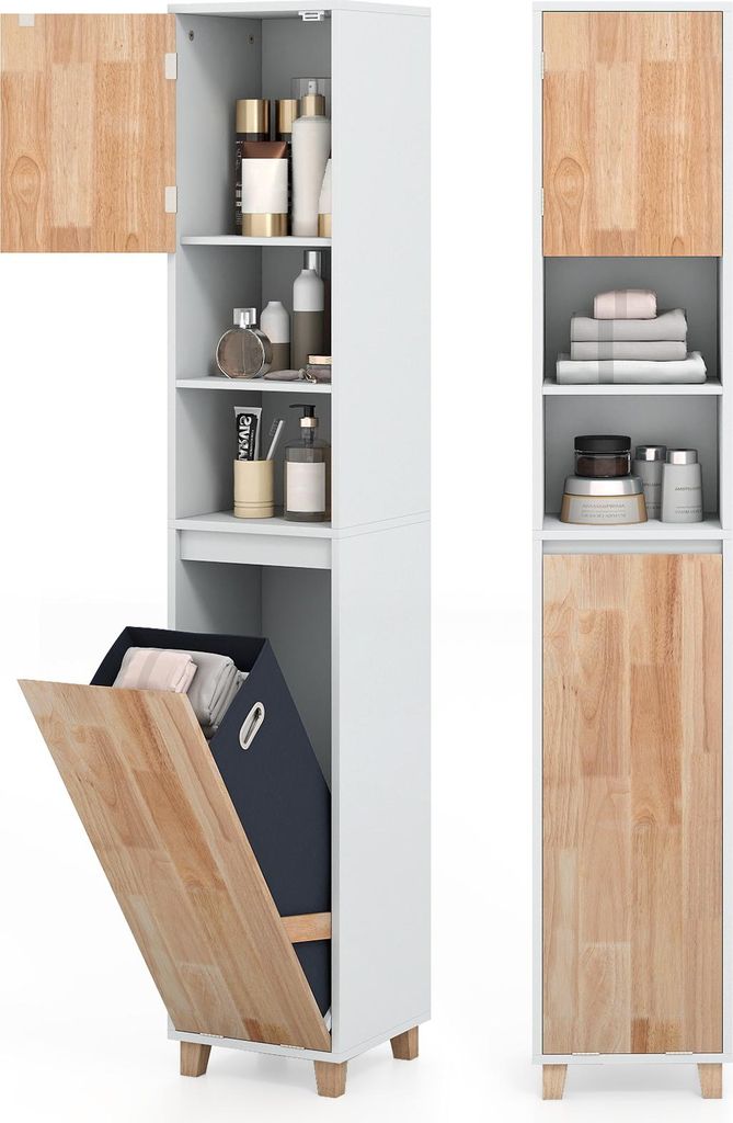 A tall, narrow bathroom cabinet with wooden accents and a laundry hamper compartment.