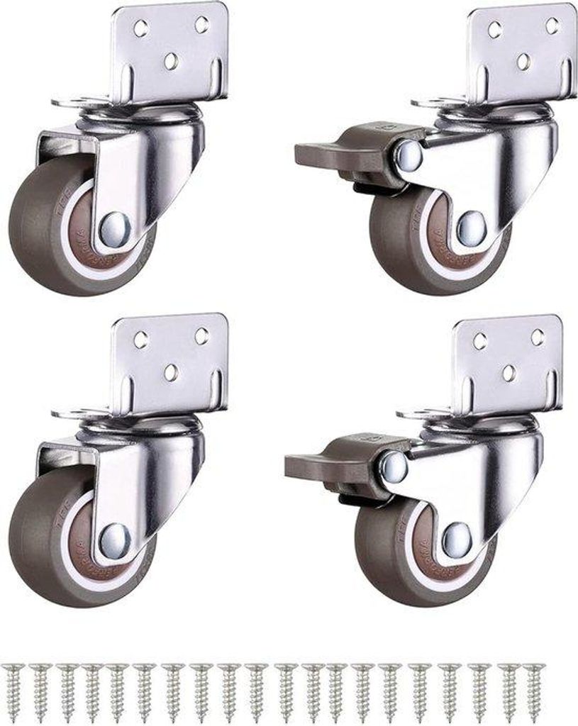 4 Stücke - Stummelrollen - 2 mit Bremsen + 2 ohne Bremsen - 1,25 Zoll - mit Schrauben - L-Loch - gummiert - silber und braun - Seitenmontage - fü...