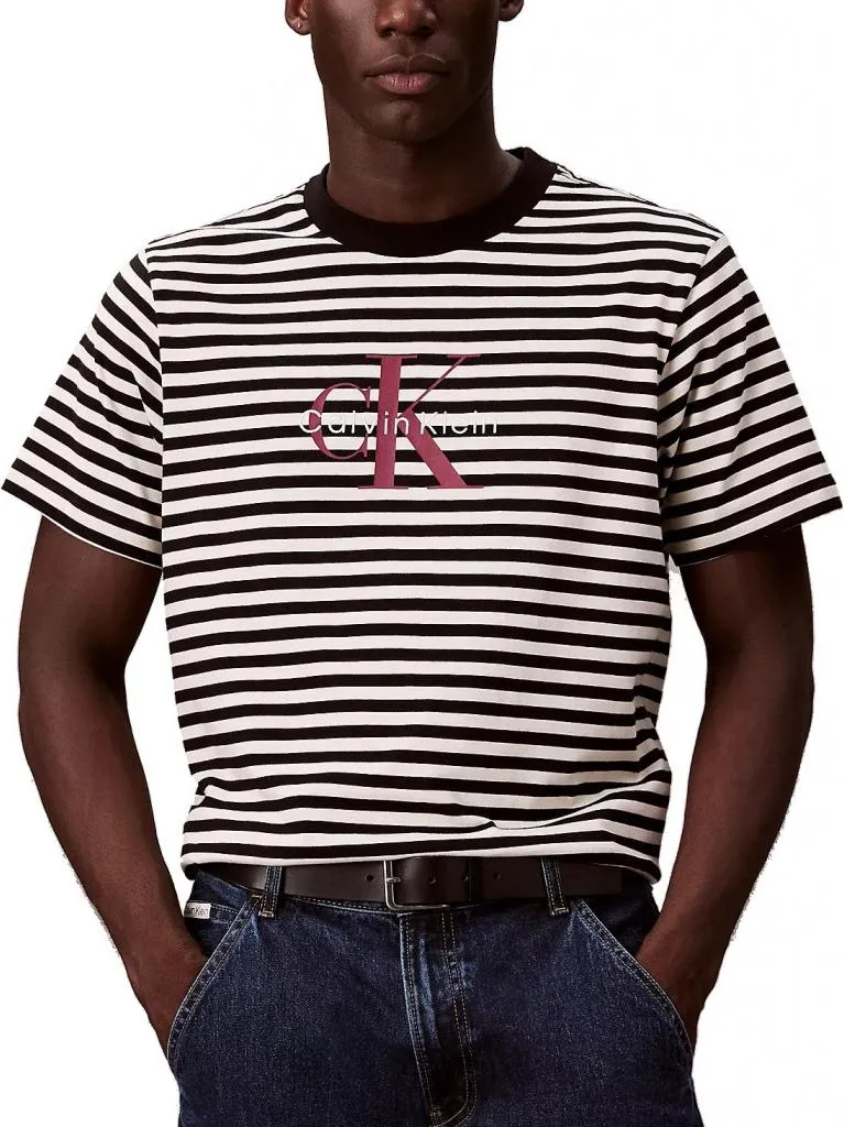 T-shirt à Manches Courtes Calvin Klein Noir en Jersey Rayé pour Hommes