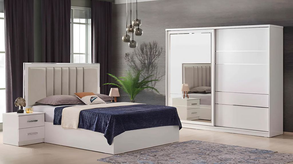 Holzschrank Kleiderschrank Schrank Beige Spiegel Schlafzimmerschrank