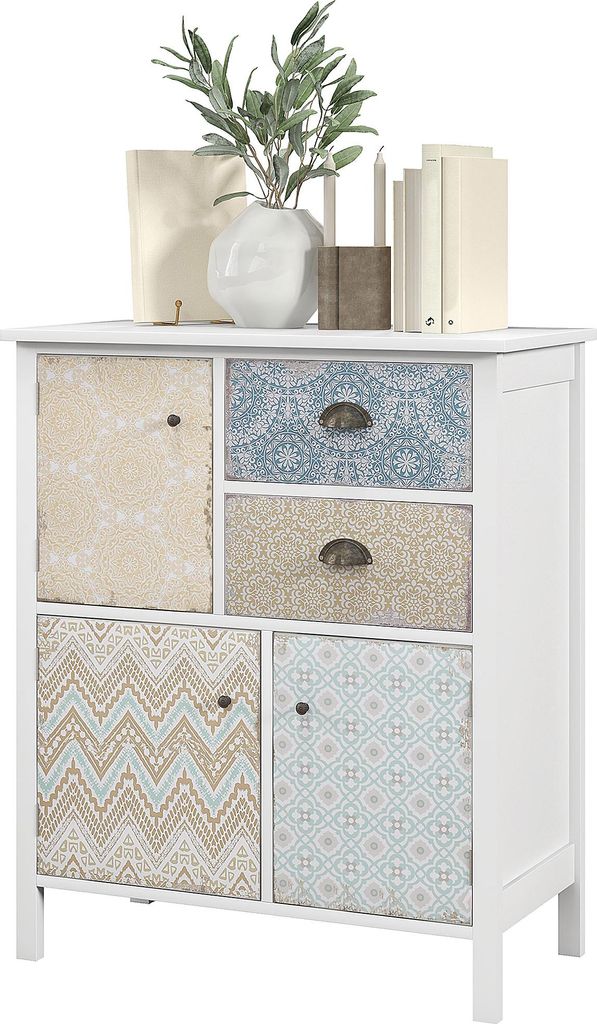 Sideboard, Shabby Chic Kommode, 2 Schubladen, 3 Schrankfächer, Kiefernholz, 68x34x80cm, Weiß
