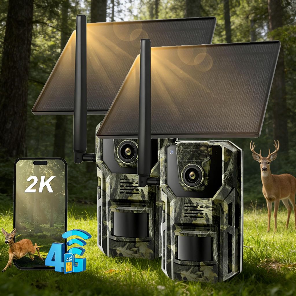 2 Stück 4G LTE Wildkamera mit App & Bewegungsmelder 2K Solar Überwachungskamera Aussen mit SIM Karte 7800mAh Akku No-Glow-Nachtsicht Kamera mit GPS