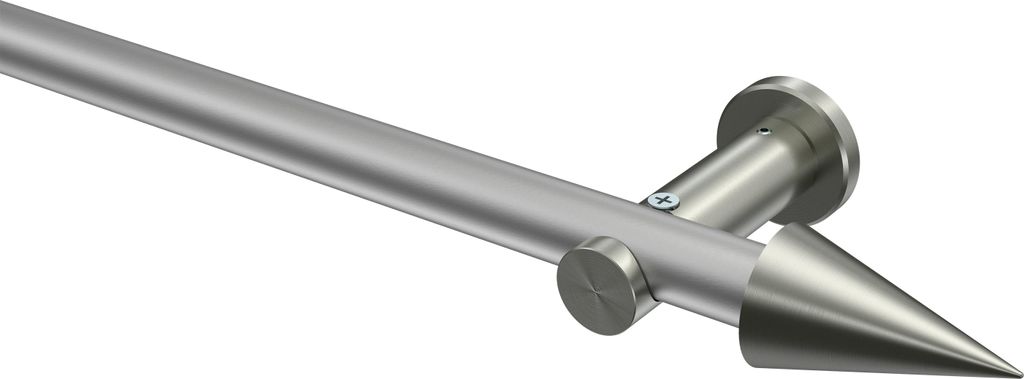 Interdeco Gardinenstange / Vorhangstange Silbergrau / Edelstahl-Optik, Typ Platon Savio (Kegel) ohne Ringe, 20 mm Ø 1-läufig, 440 cm