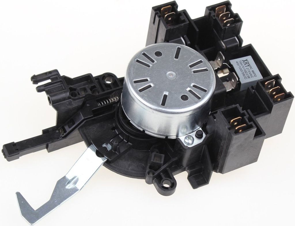 A close-up studio shot of a mechanical timer switch assembly.