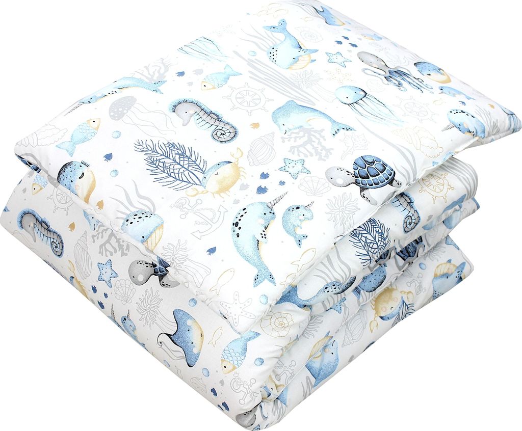 TupTam Kinder Gemusterte Bettdecken Set Ganzjahresdecke Bettdecke Kopfkissen Flachkissen 2tlg., Farbe: Meerestiere Blau, Größe: 135x100 cm