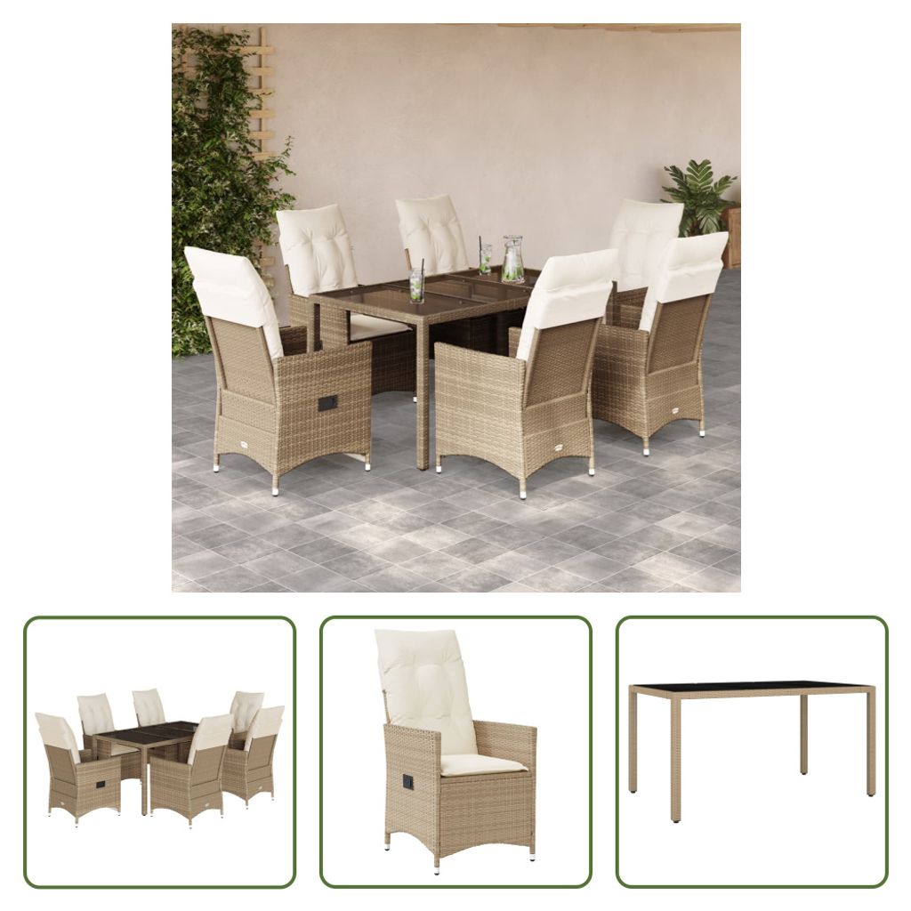 The Living Store 7-tlg. Garten-Essgruppe mit Kissen Beige Poly Rattan