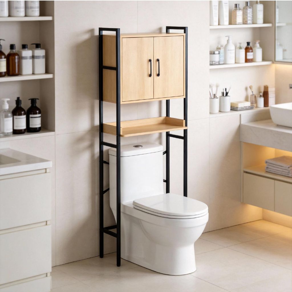 FCH Waschmaschinenschrank, Toilettenregal mit Schrank Verstellbarer Ablage, Toilettenschrank aus Holzwerkstoff Metall, 64,5 x 30 x 171 cm