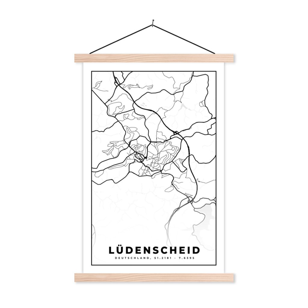 MuchoWow Textilposter Lüdenscheid - Karte - Stadtplan 40x60 cm mit holzfarbenen Rahmen - Poster