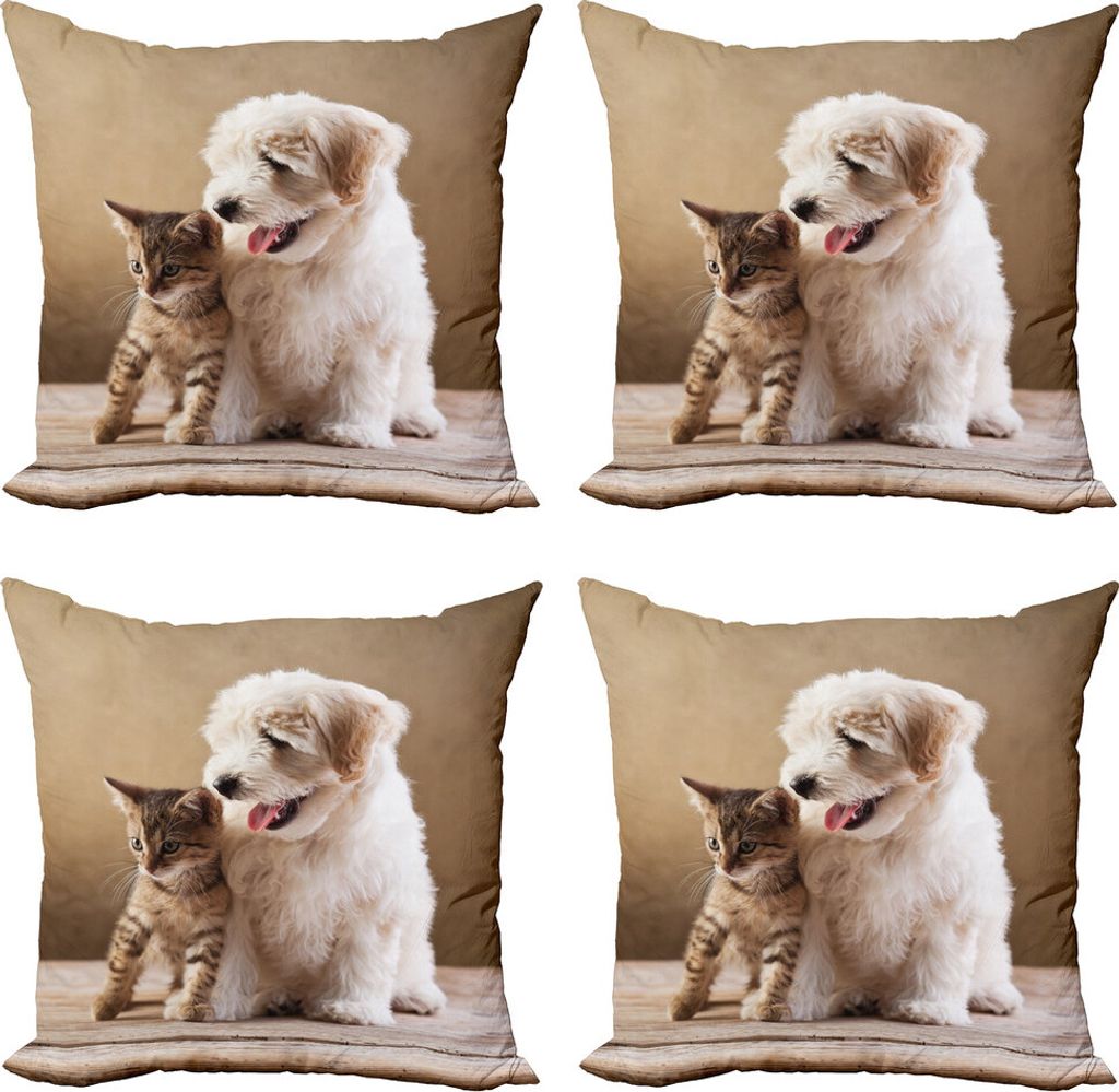 ABAKUHAUS Tier Kissenbezug Set (4 Stück), Kätzchen und Hundefreunde, Moderner Doppelseitiger Digitaldruck, 60 cm x 60 cm, Sand, Braun, Weiß