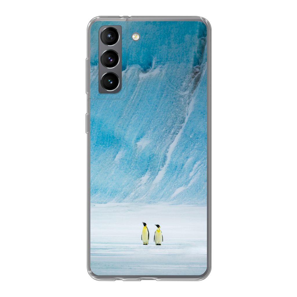 MuchoWow Handyhülle Schutzhülle Hülle für Samsung Galaxy S21 Zwei Kaiserpinguine vor einem Eisberg Silikon Softcase Handy Hülle - Softcase