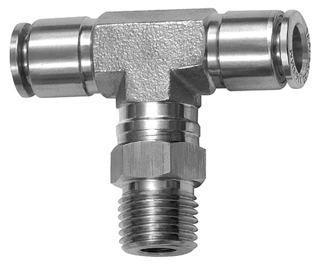 Riegler T-Steckverschraubung, drehbar, R 1/4 a., Schlauch-Ø 10, ES 1.4404