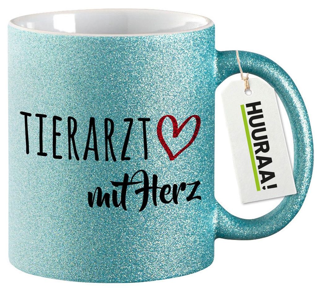 Huuraa Glitzertasse Tierarzt mit Herz 330ml Blau Keramik Kaffeebecher Geschenkidee