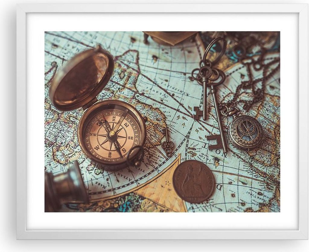 Gerahmtes Poster - Weißer Rahmen - Kompass Vintage Karte - 50x40 cm - Wand Bild - Wanddeko - Wandbilder - Kunstposter - Wandposter - Bilderrahmen ...
