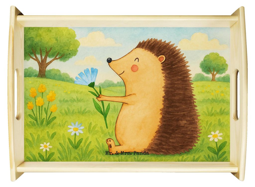 Mr. & Mrs. Panda Holztablett Igel Blumen Design - Weiß - Geschenk, Genesungswünsche, Deko Tablett, Sofa, Serviertablett, Besuch, Gute Besserung, ...