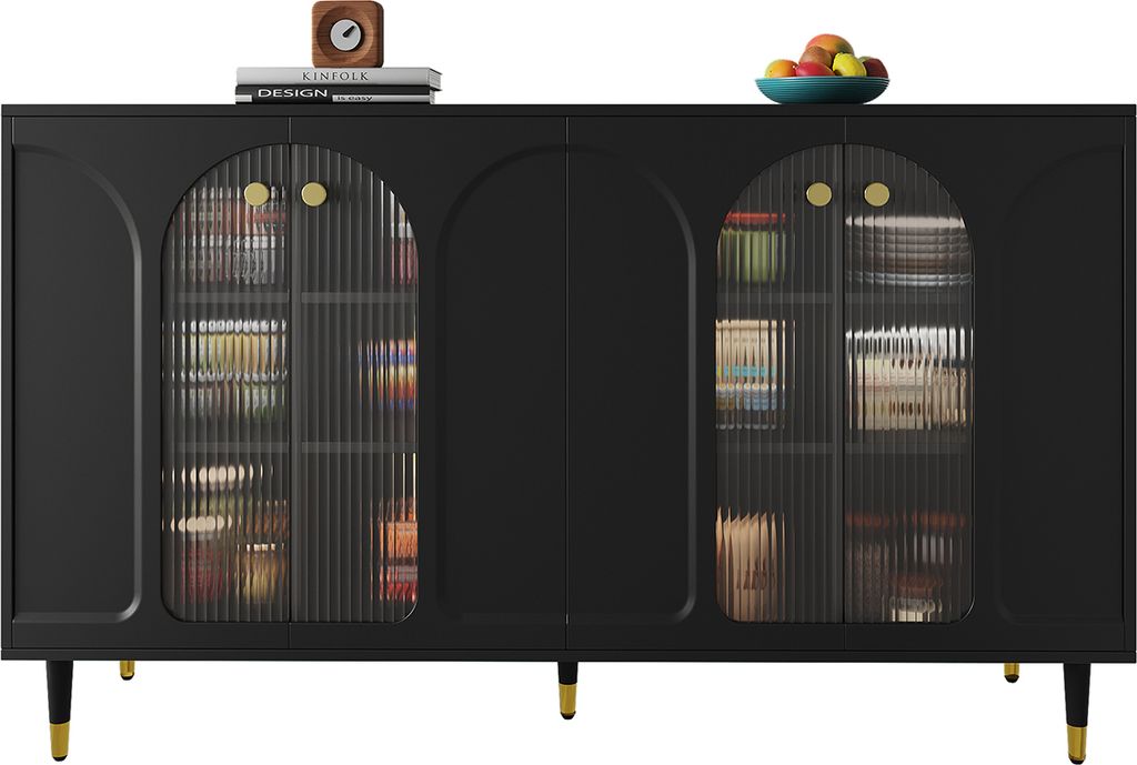 Sideboard Changhong-Glastür-Design Viel Stauraum Aufbewahrungsschrank für Esszimmer Wohnzimmer 140 x 40 x 85 cm Schwarz