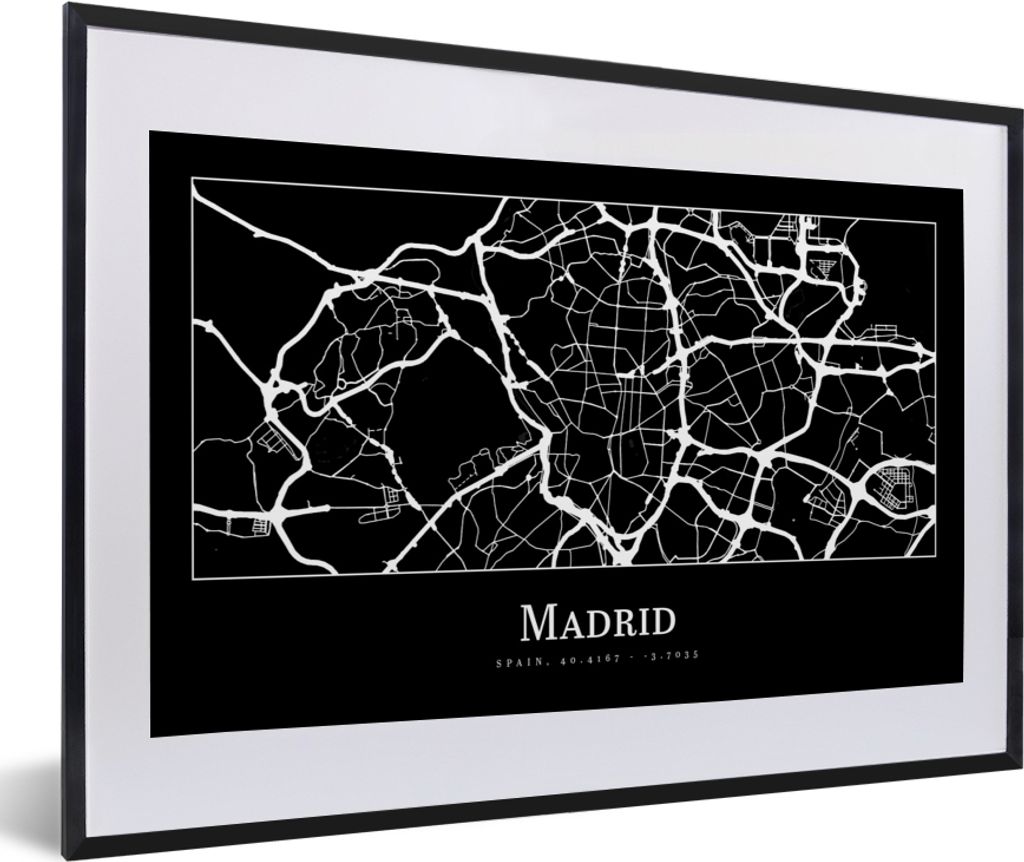 MuchoWow Gerahmtes Poster Madrid - Karte - Stadtplan 60x40 cm - Poster mit Schwarzem Bilderrahmen Wandposter Rahmen Foto Bilder - Schlafzimmer - ...