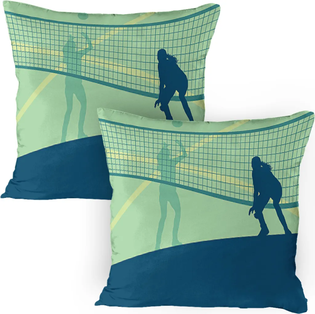 ABAKUHAUS Federa per cuscino da pallavolo Confezione da 2, Paesaggio competitivo di 2 donne in un campo sportivo Sport salutare, Federa decorativa stampata, 80x80 cm, Blu notte Verde chiaro