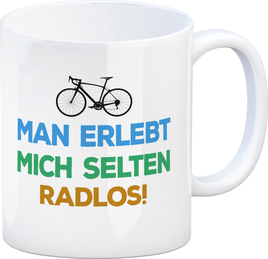 Man erlebt mich selten radlos Kaffeebecher mit Rennrad Produktbild 