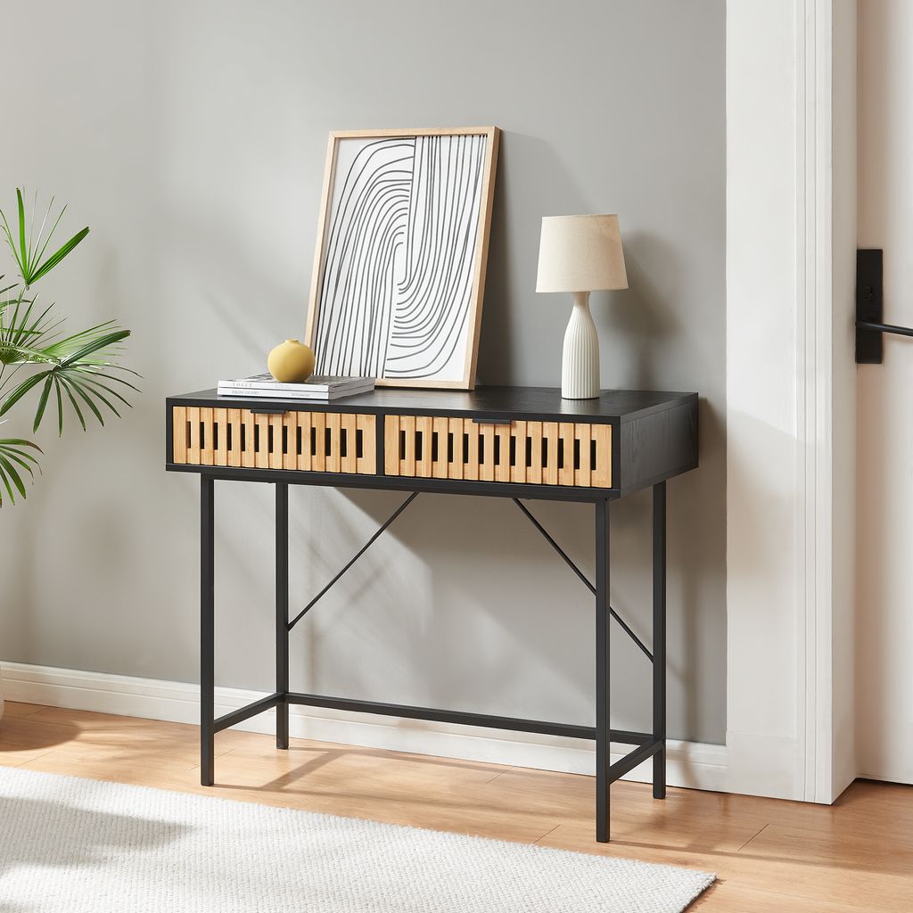 Konsolentisch 'Luniehti' Beistelltisch mit 2 Schubladen 100 x 40 x 75 cm Metallgestell Schwarz/Natur