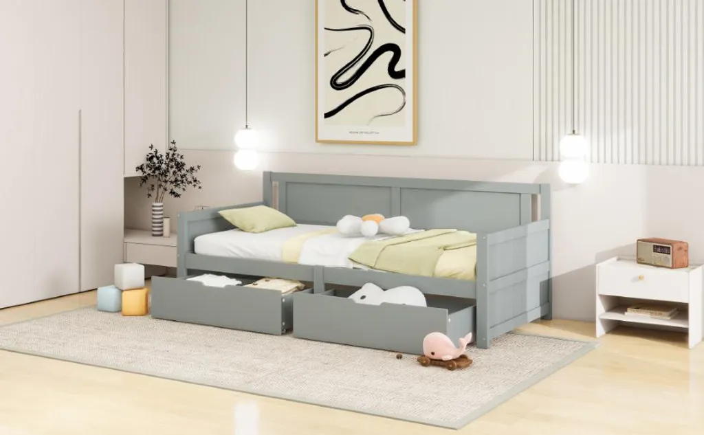 Lit 90x200 Gris avec Tiroirs : Solution Rangement en Bois Massif Robuste - 10