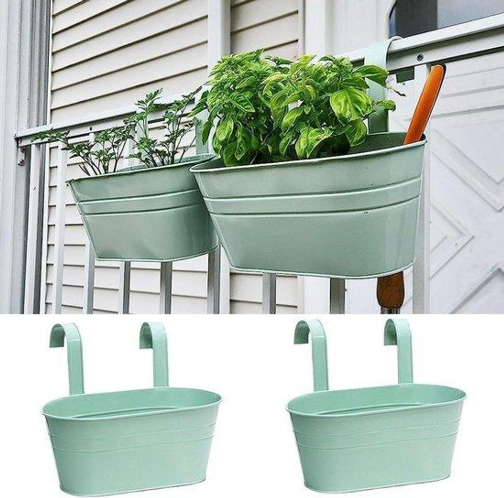 Hängende Blumenkästen aus Metall - 2 Stück - Gartenregenrinne - Innen- und Außenverwendung - Entfernbarer Haken - Grün