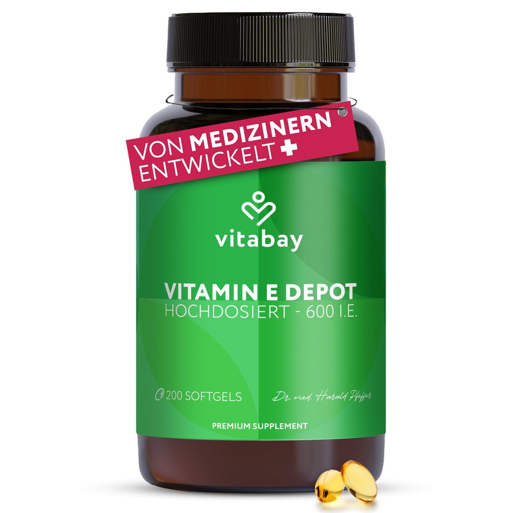 Vitabay Vitamin E 600 I.E. Depot – 200 vegane Softgels – Produktbild 