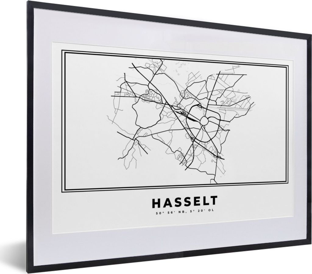 MuchoWow Gerahmtes Poster Belgien - Hasselt - Stadtplan - Karte - Schwarz und weiß - Karte 40x30 cm - Poster mit Schwarzem Bilderrahmen Wandpost...