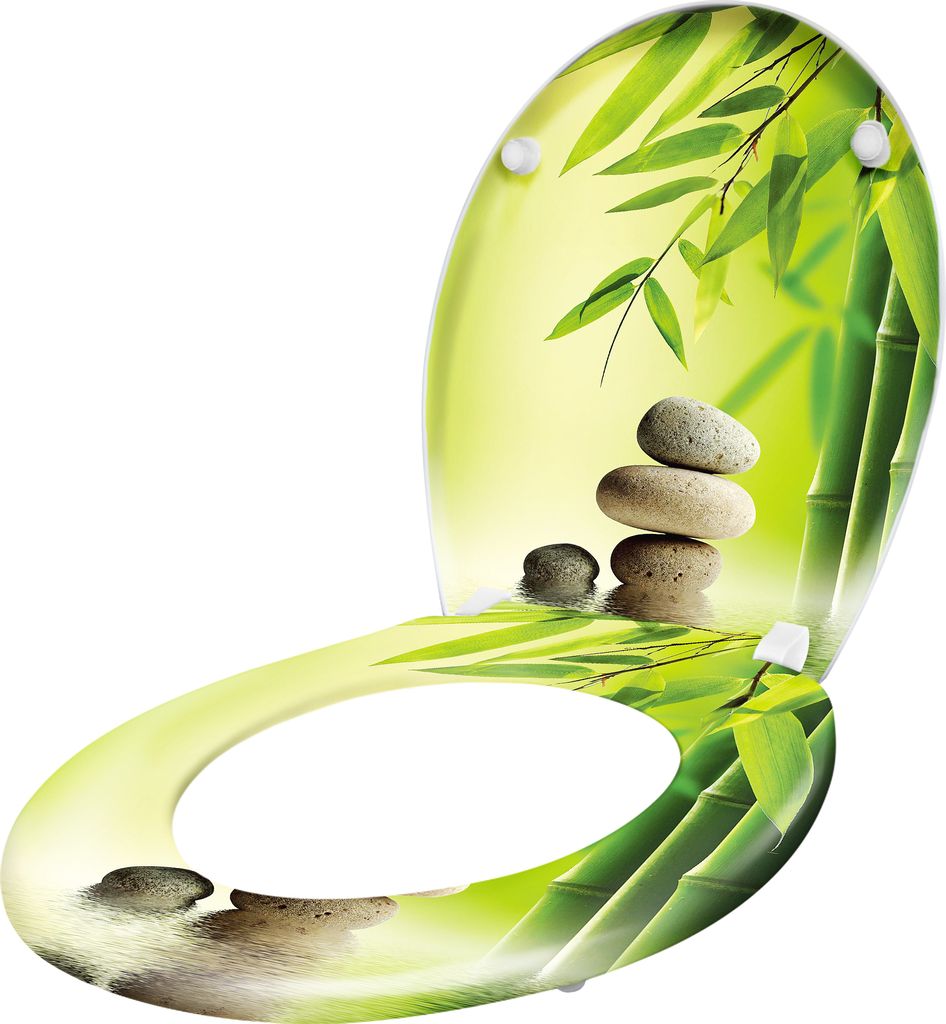 A toilet seat with a bamboo and stone art design.